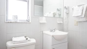 A modern bathroom with a toilet, sink, mirror, and window.
