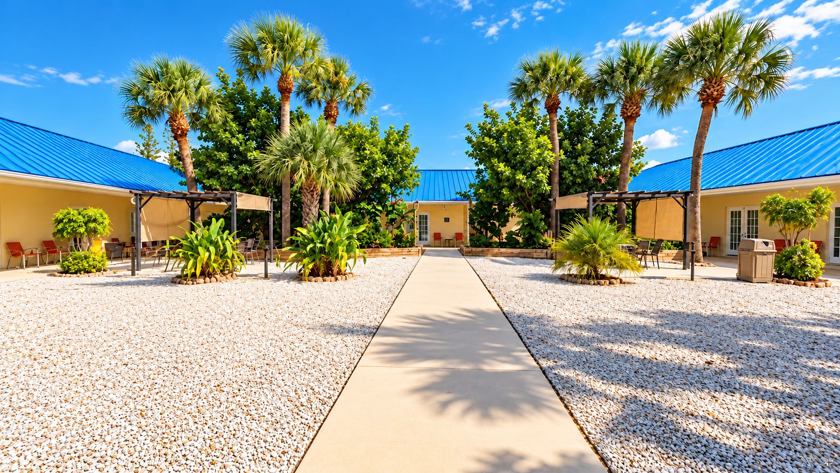 A hotel courtyard with palm trees, a gravel pathway, and outdoor seating.