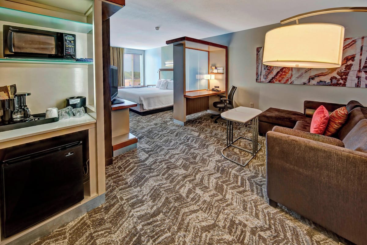 A hotel room with a kitchenette, a bed, a desk, a chair, and a sofa.