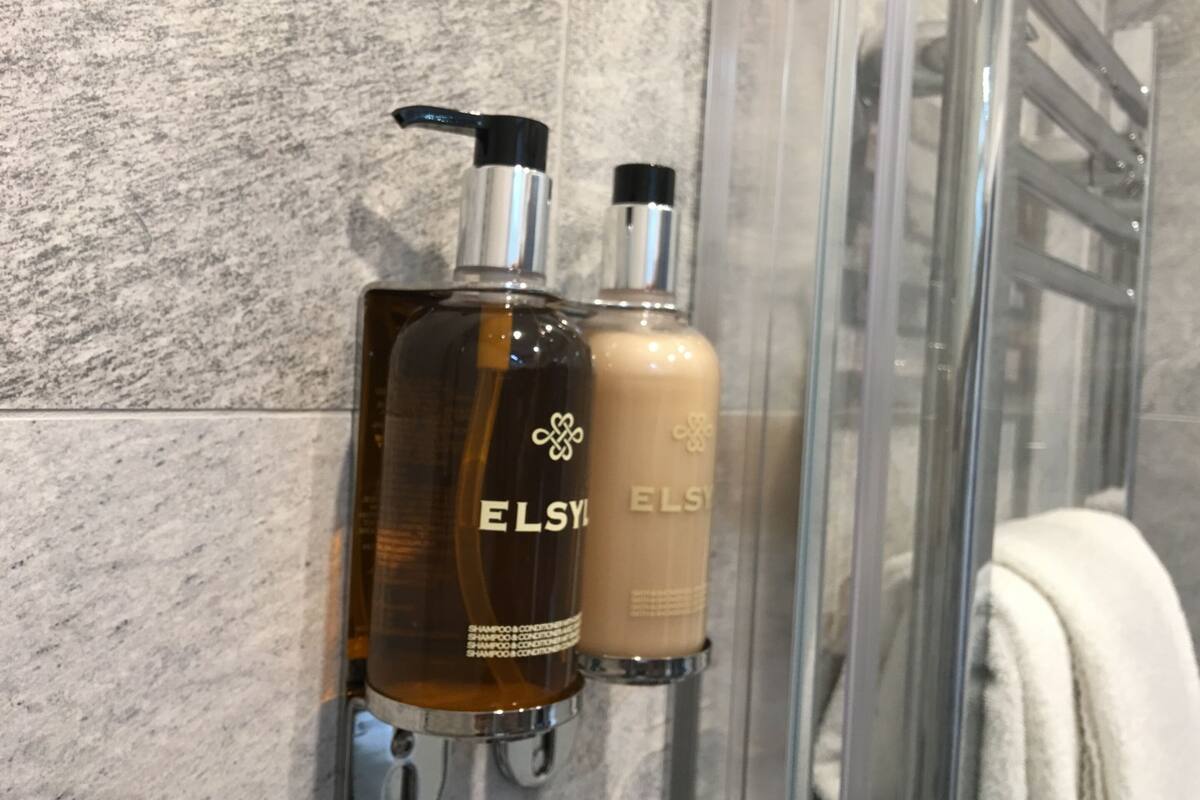 shower, designer toiletries, hair dryer, towels