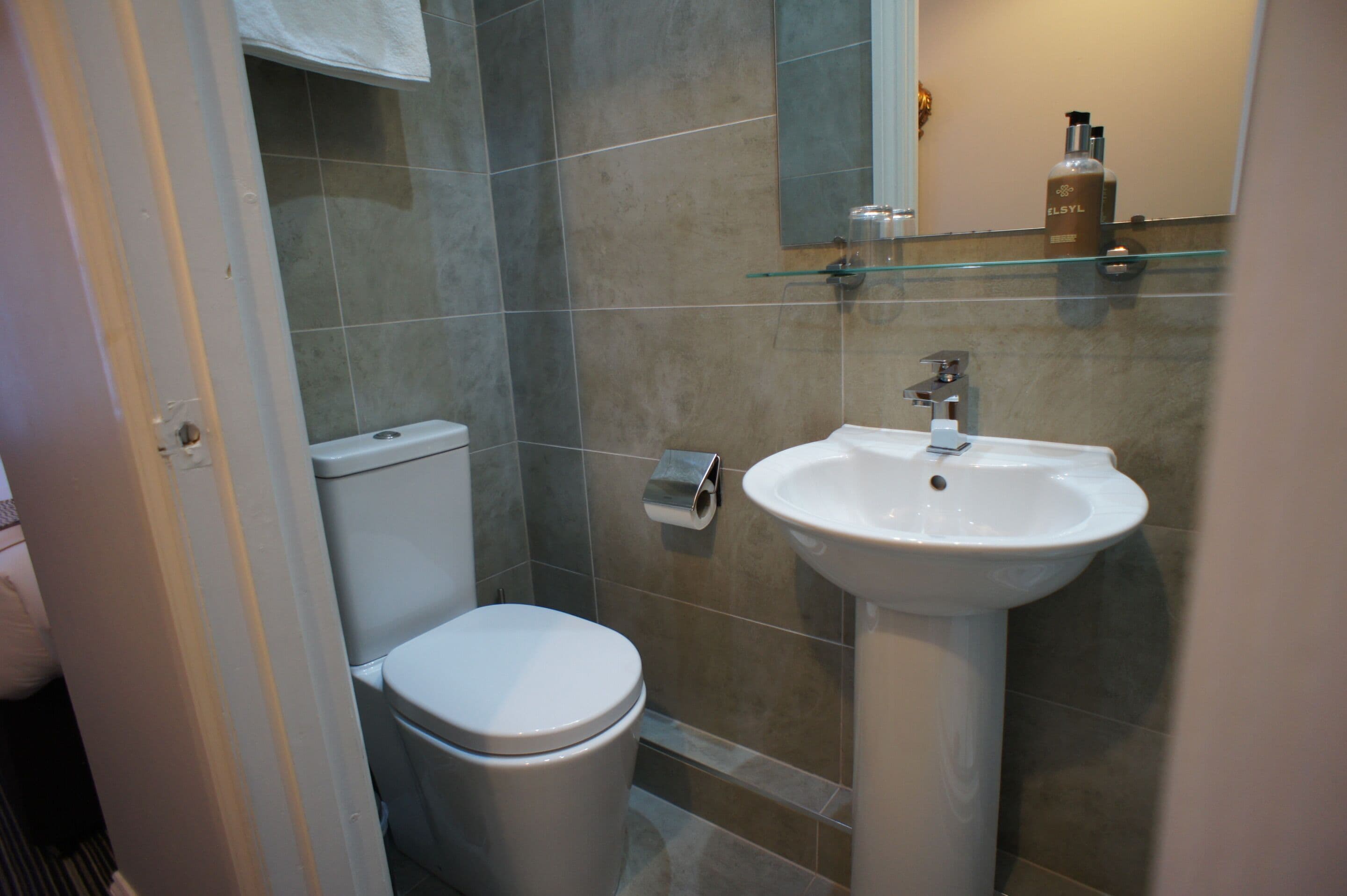 A bathroom with a toilet, a sink, and a glass shelf with toiletries.