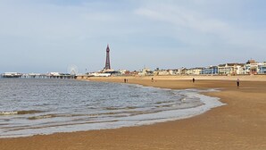 A beach with a pier, a tower, and a Ferris wheel. - The Cameo (Blackpool)