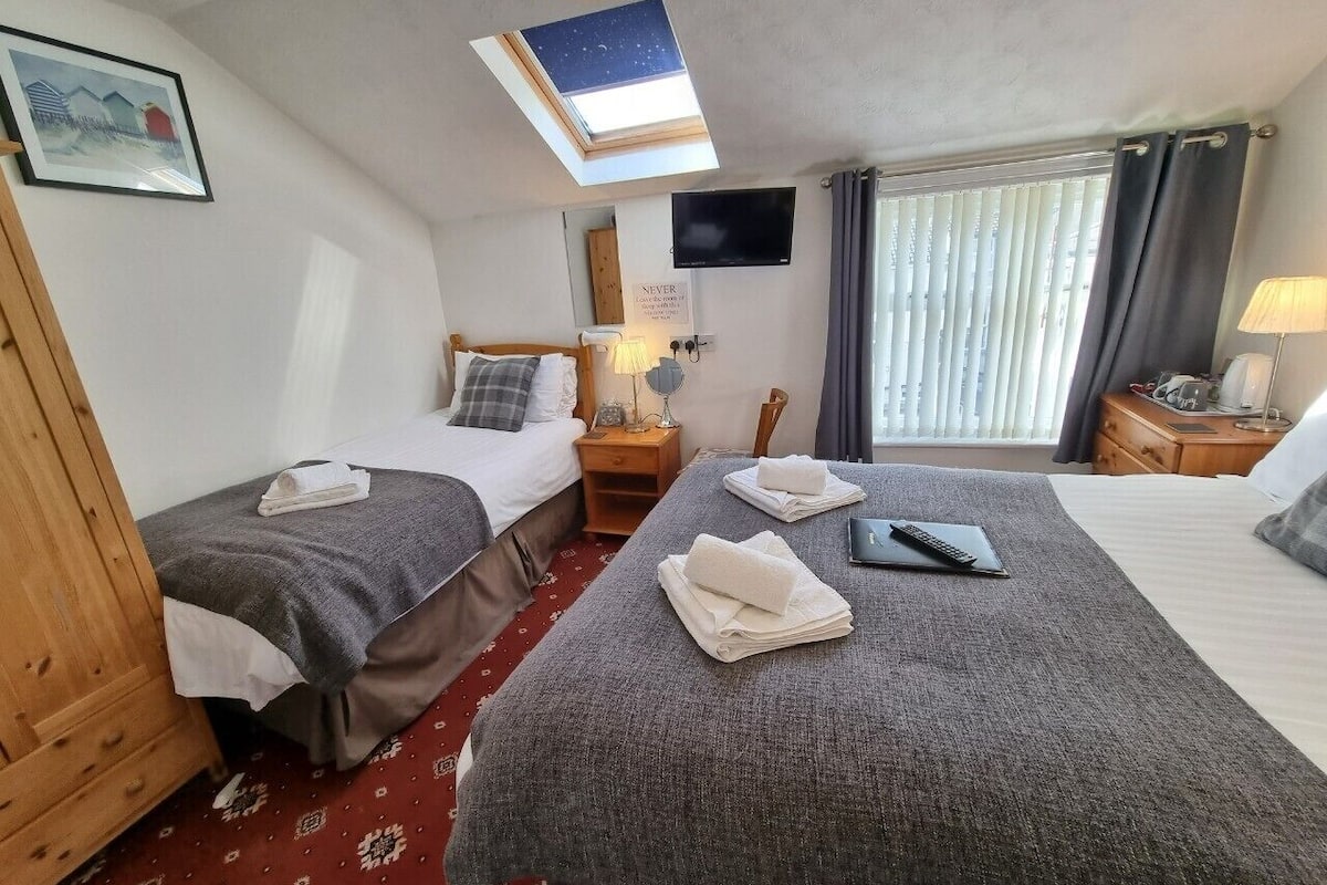A hotel room with two beds, a skylight, a TV, and a bedside table with a lamp.