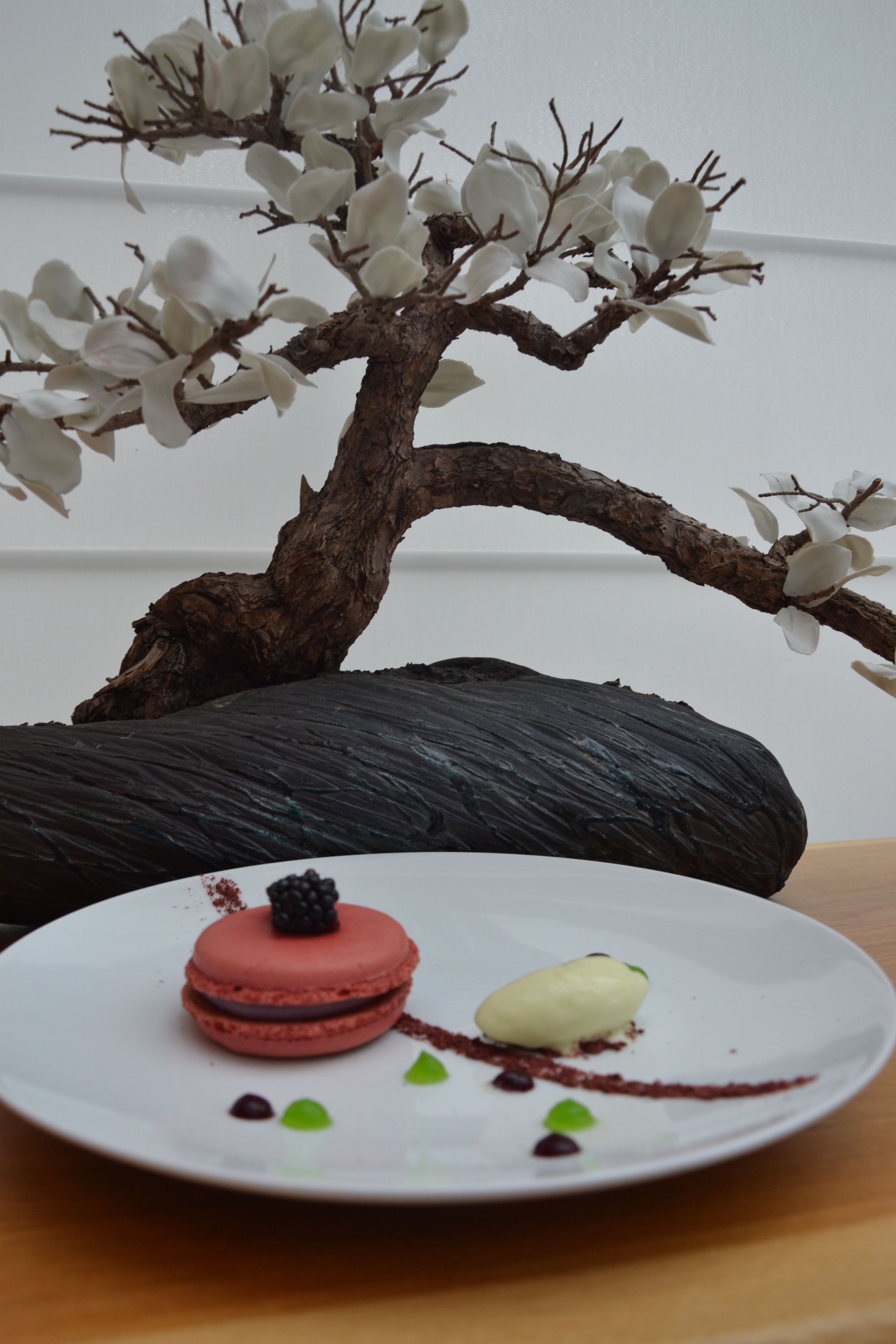 A dessert plate with macarons and a scoop of ice cream, set against a backdrop of a tree with white flowers.