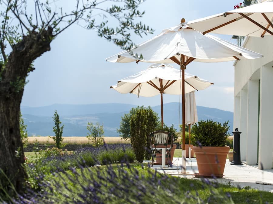 A patio area with outdoor seating, umbrellas, and a view of the landscape.