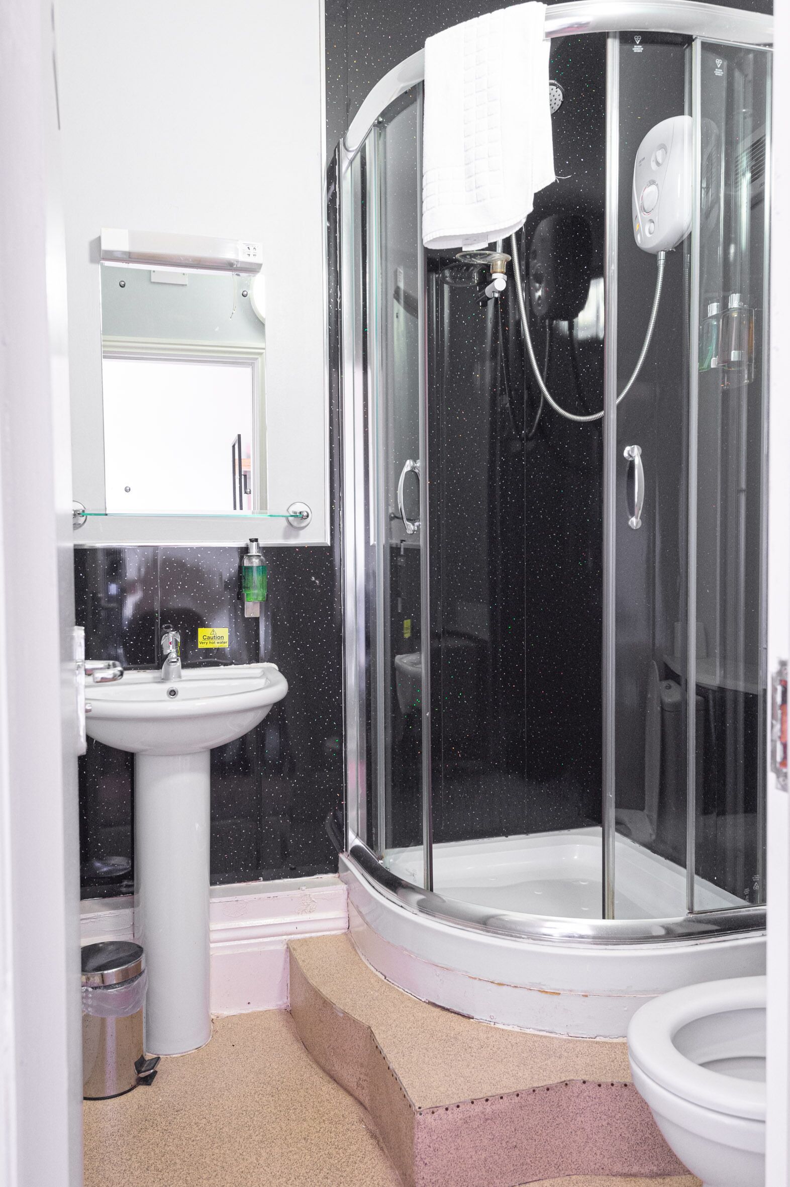Een badkamer met een glazen douchecabine, een wastafel en een toilet.