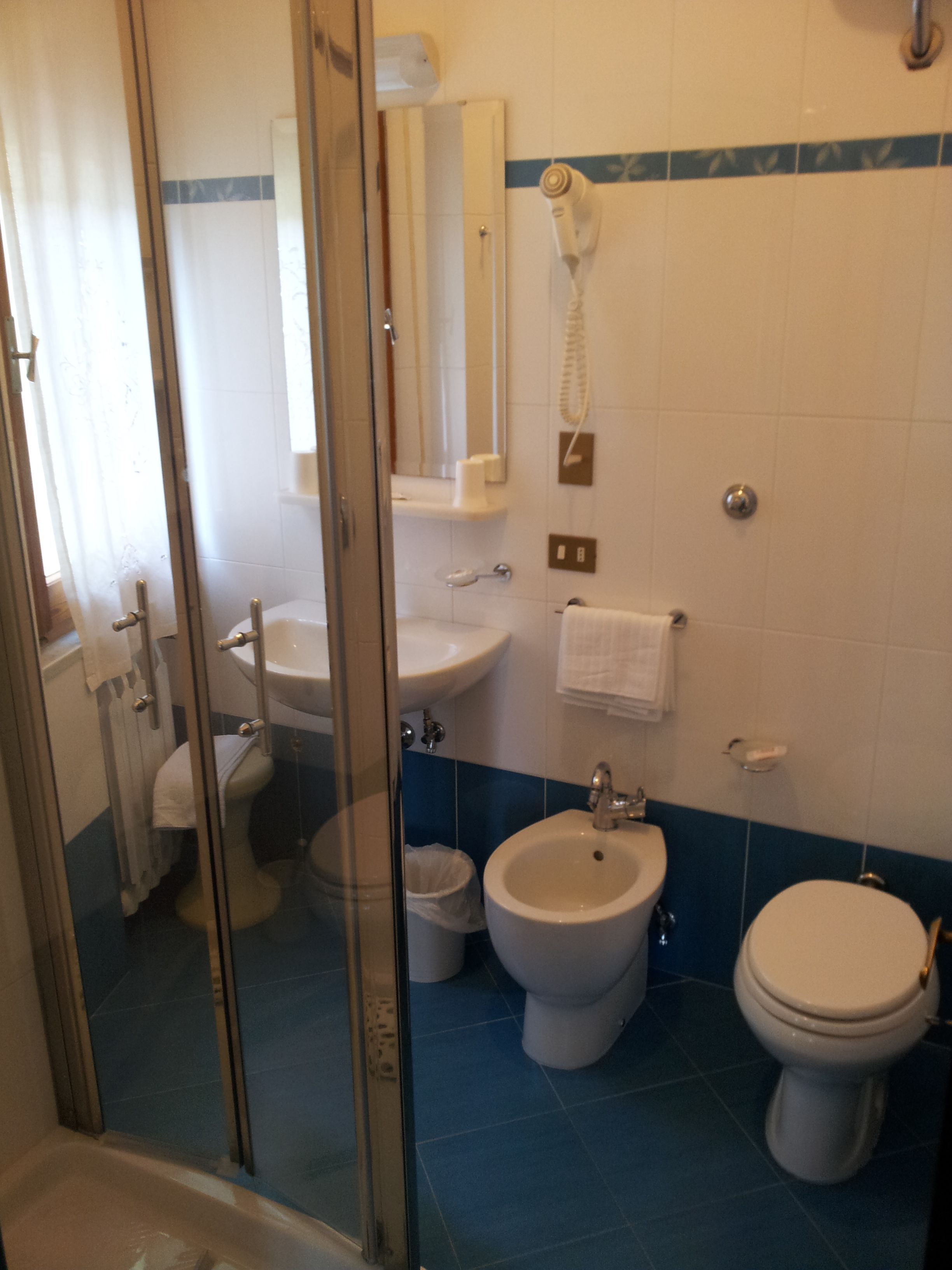 rainfall showerhead, hair dryer, bidet, towels