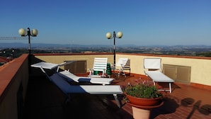 Une terrasse sur le toit, avec des chaises longues, une table et un pot de fleurs.