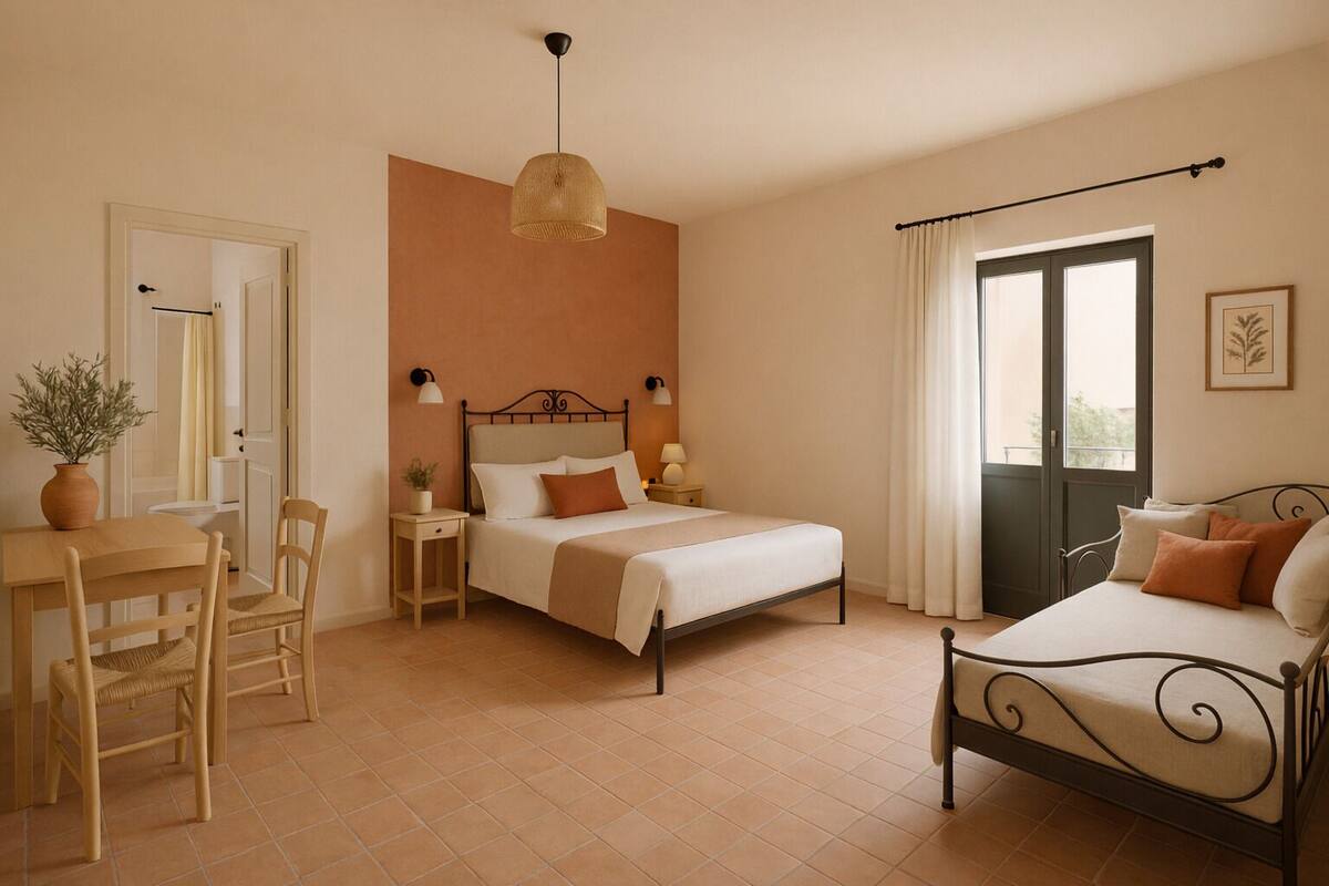 Une chambre à coucher comprenant un lit, des tables de chevet, un bureau, des chaises, un luminaire suspendu et une fenêtre avec des rideaux.