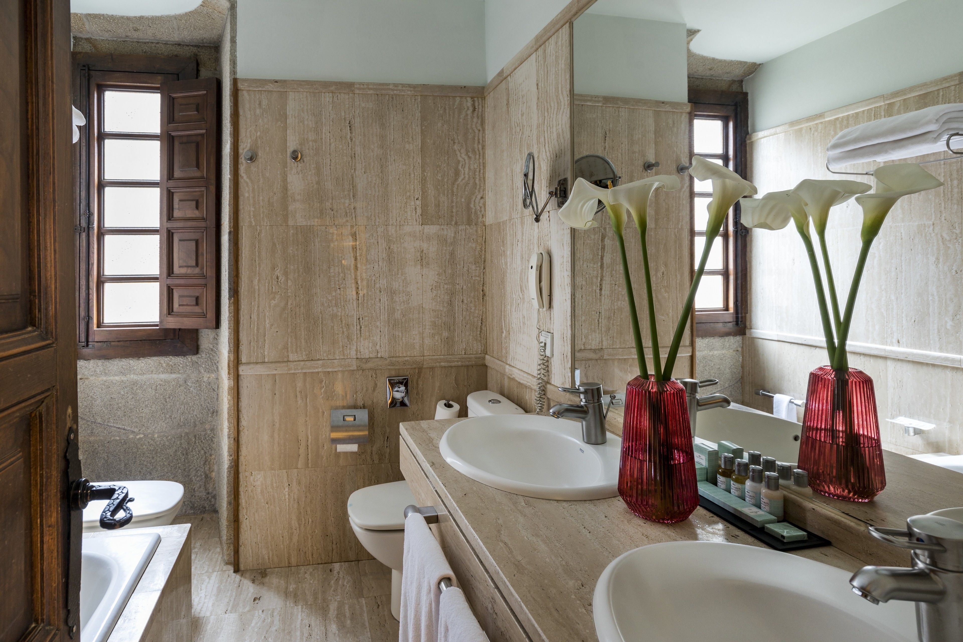 hair dryer, bidet, towels, soap