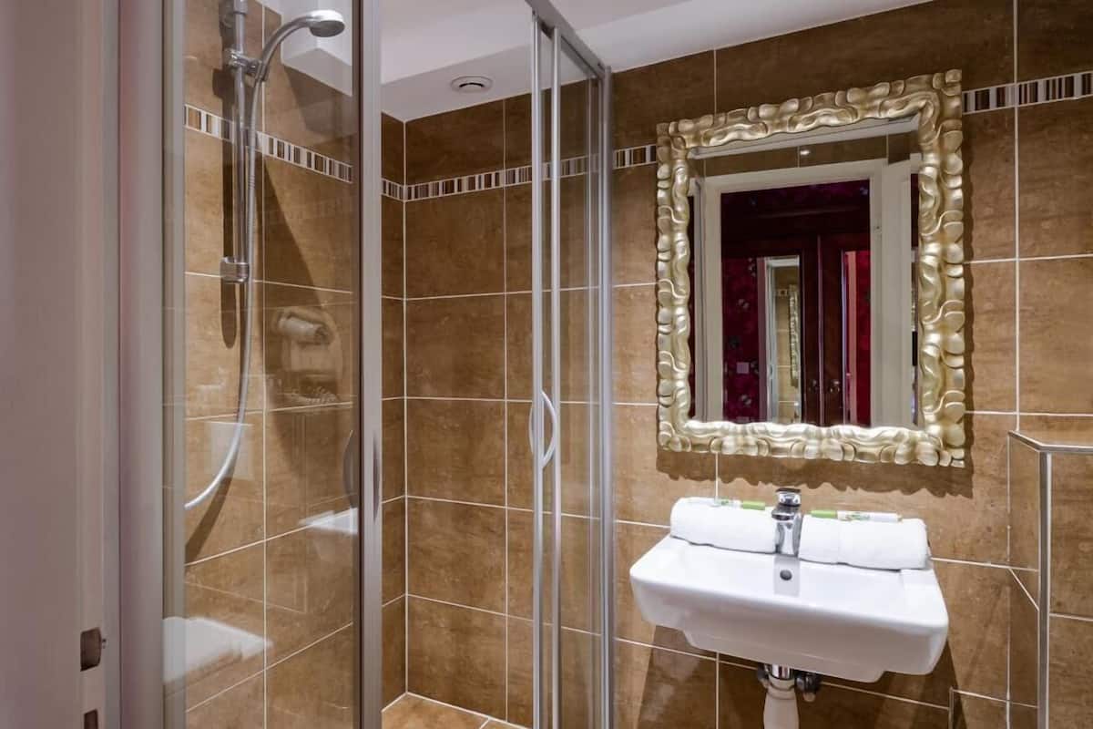 hair dryer, towels, soap, shampoo