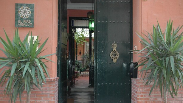A doorway with a green door, potted plants on either side, and a tiled floor. - EL Riad Andaluz - Guest House (Málaga)