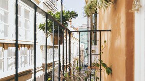A narrow balcony with potted plants, a metal railing, and a view of adjacent buildings. - EL Riad Andaluz - Guest House (Málaga)