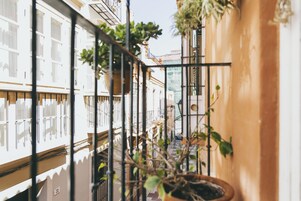 Un balcón estrecho con plantas en macetas, barandilla metálica y vistas a edificios colindantes.