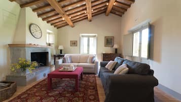 Una sala de estar con chimenea, dos sofás, una mesa de centro y un tapete estampado.