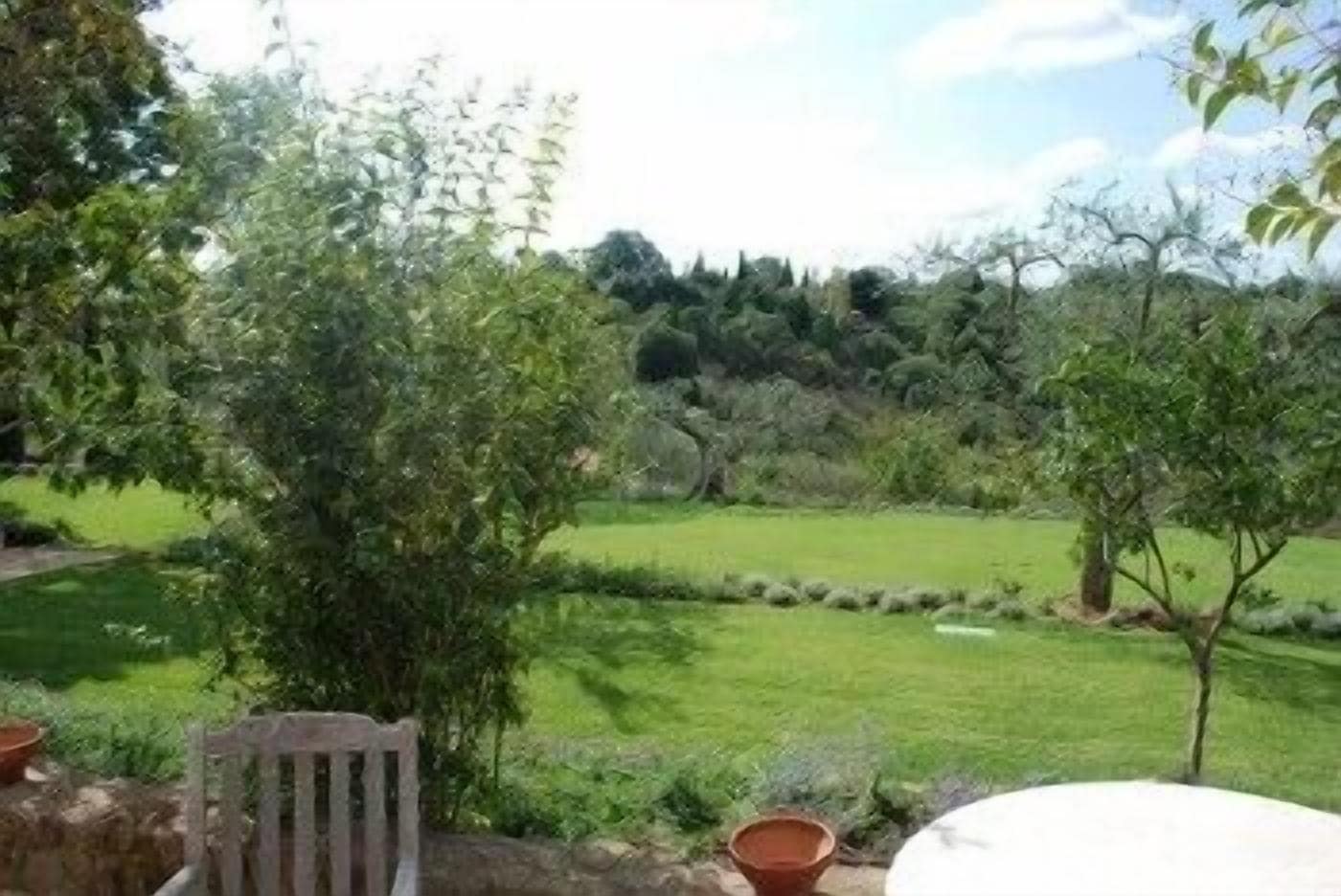 A garden with a lawn, trees, and a stone wall.