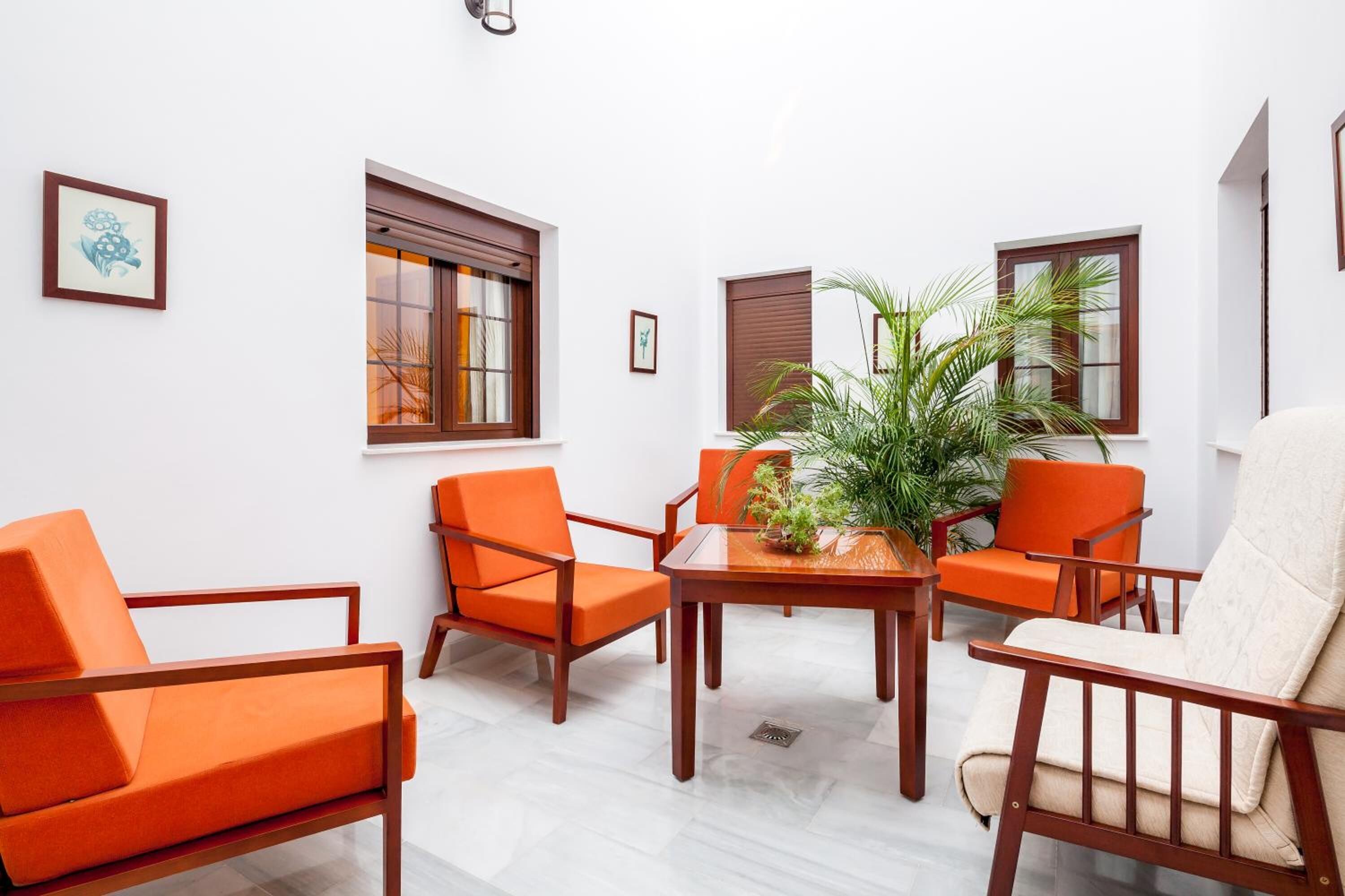 A room with a wooden table, four orange chairs, and a potted plant.