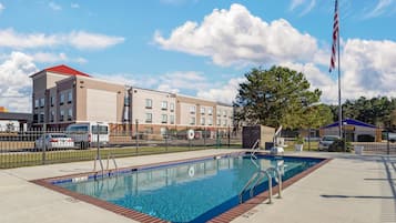 Outdoor pool, pool umbrellas, pool loungers