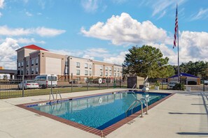 Outdoor pool, pool umbrellas, pool loungers