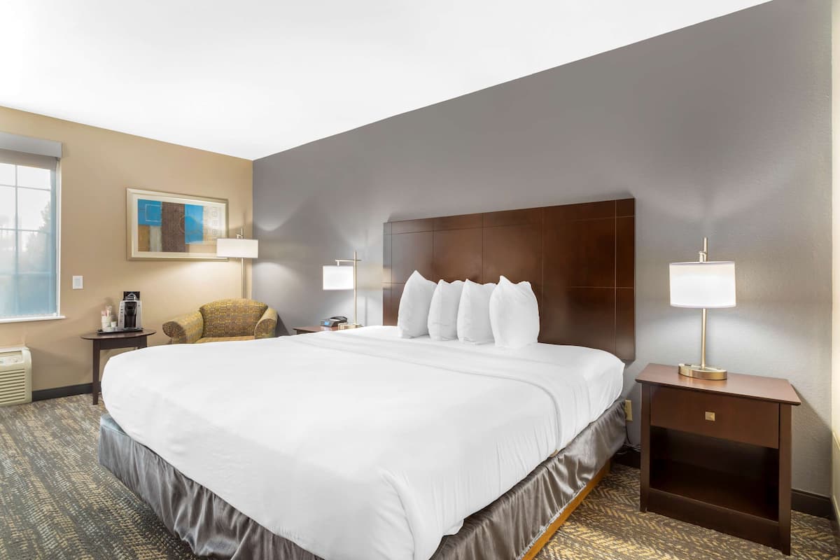 premium bedding, desk, laptop workspace, blackout curtains