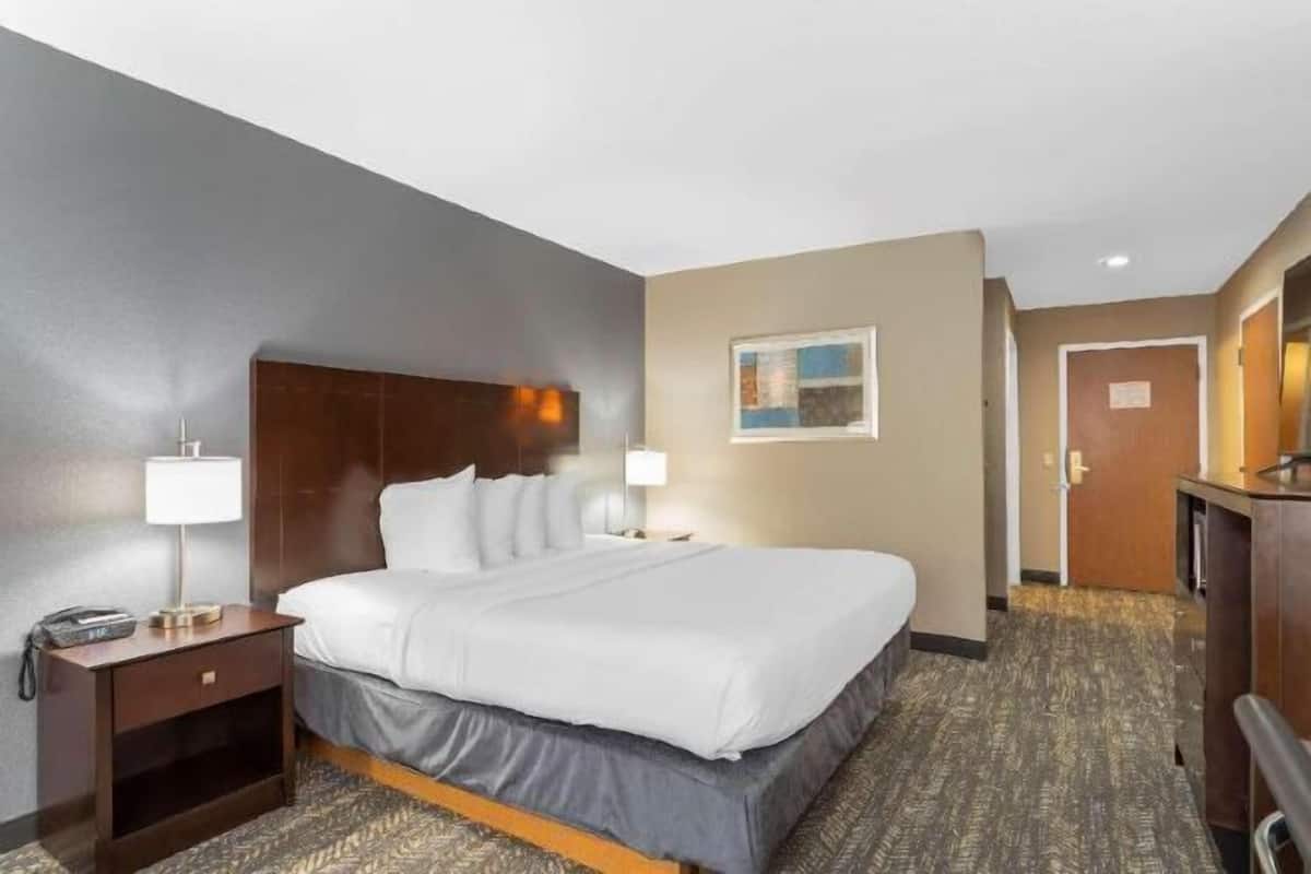 Premium bedding, desk, laptop workspace, blackout drapes