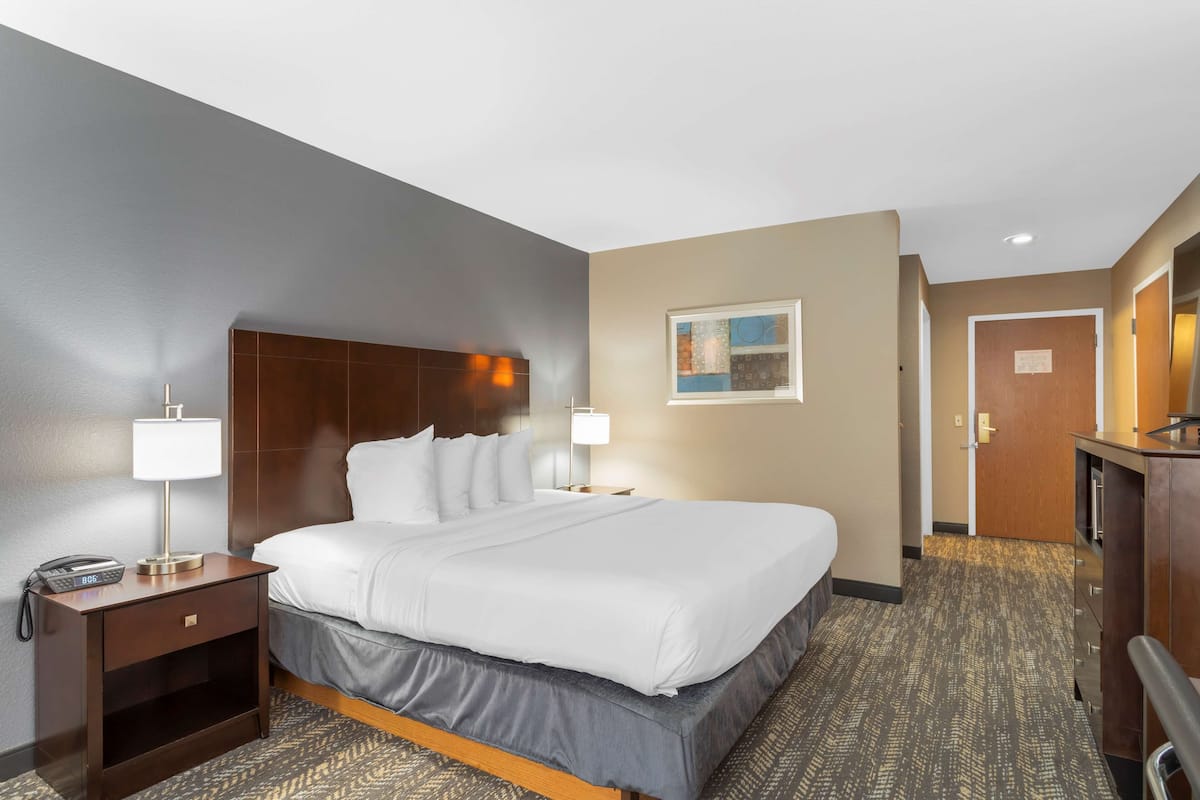 premium bedding, desk, laptop workspace, blackout curtains