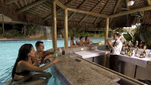 Zona de bar junto a la piscina, con techo de paja, barra y una variedad de botellas.