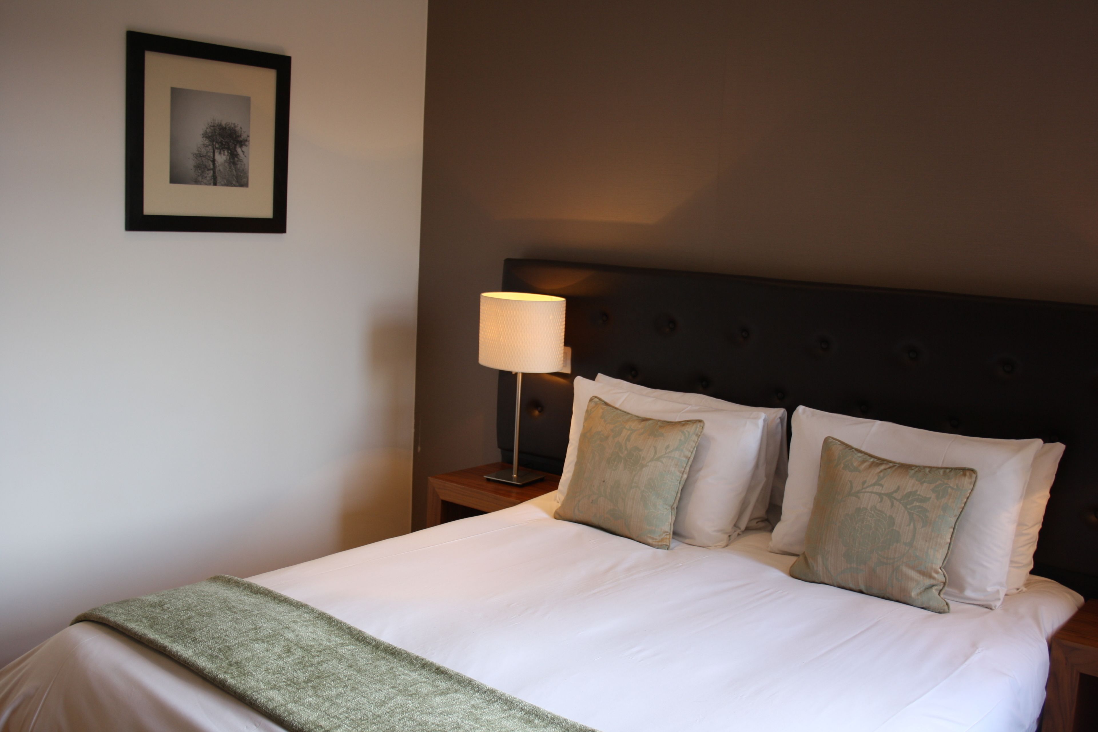 Una cama bien hecha con sábanas blancas y dos almohadas decorativas, una lámpara de noche y un cuadro en la pared.