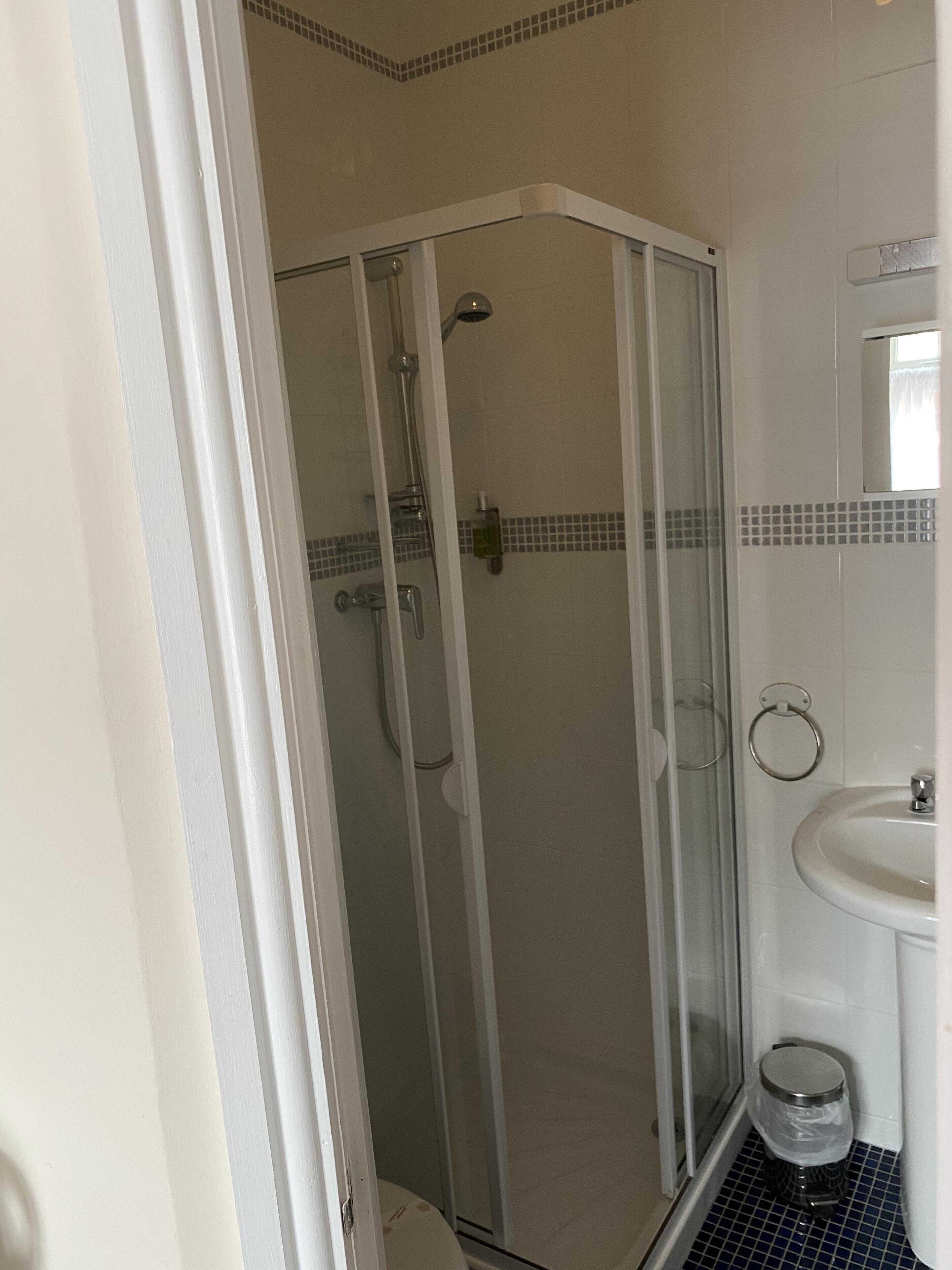 A bathroom with a glass-enclosed shower, a sink, and a toilet.