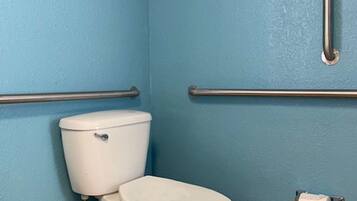 A bathroom with a white toilet, blue walls, and two metal grab bars.