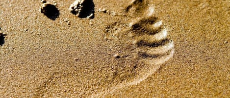 A close-up of footprints in sand.