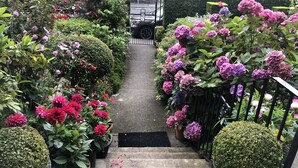 En trappe omgivet af frodig vegetation og blomstrende planter.