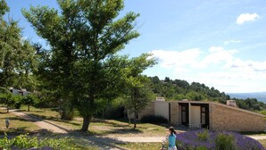 A woman walking on a path with lavender bushes and a stone building with a sloped roof.