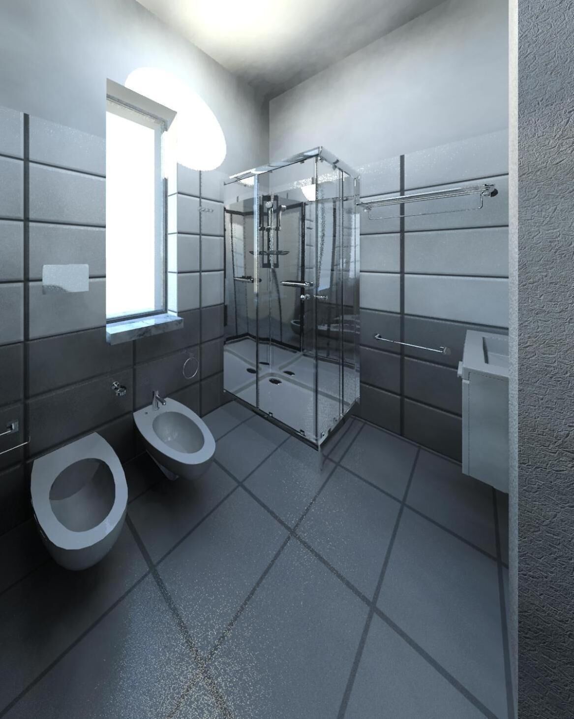 A modern bathroom with two toilets, a glass-enclosed shower, and a window providing natural light.