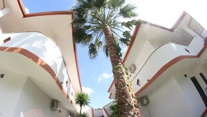 Un pasillo estrecho con paredes blancas y detalles en rojo, que conduce a una palmera.