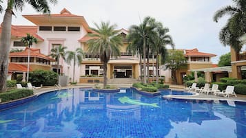 Outdoor pool, pool umbrellas, pool loungers