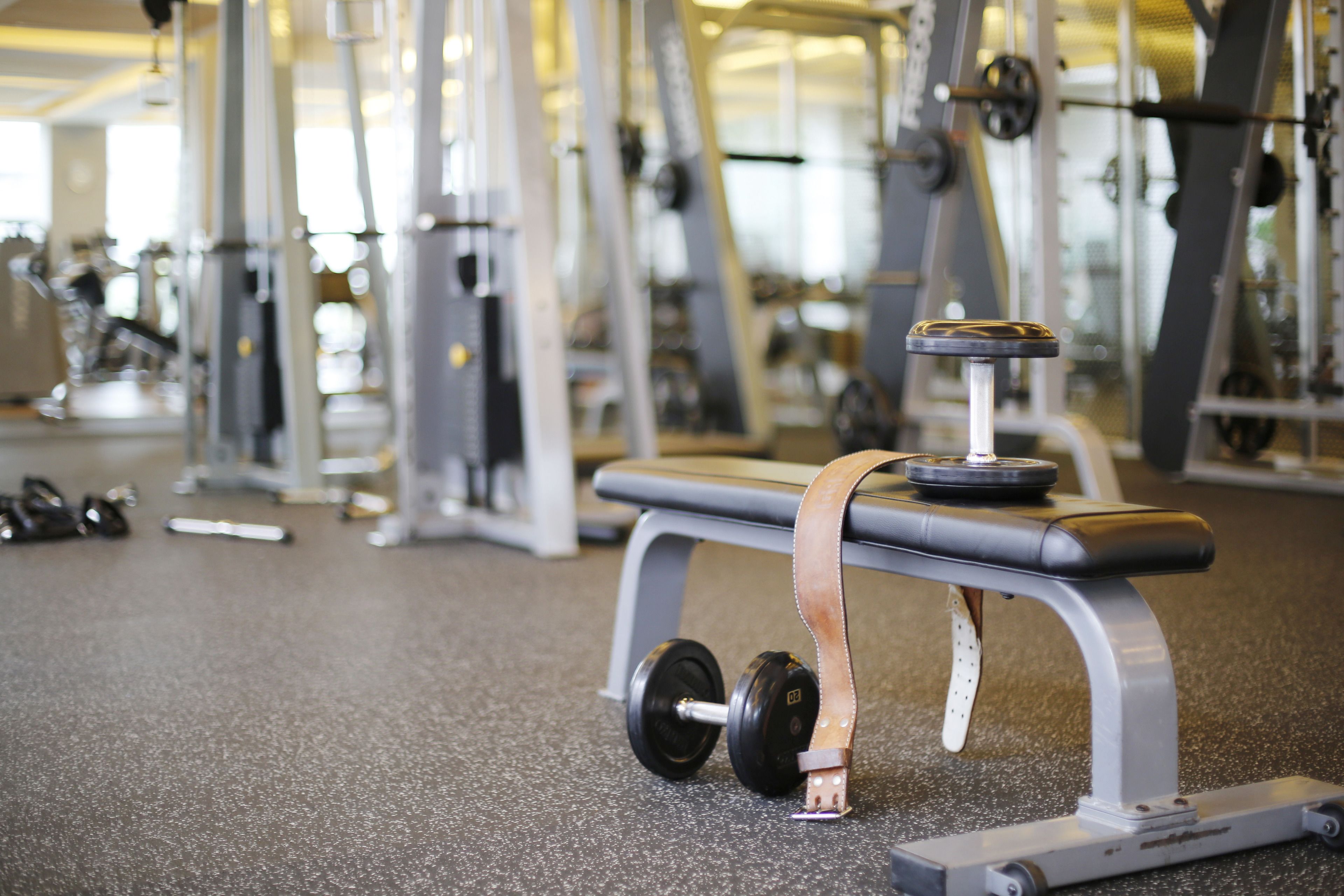 A gym with weightlifting equipment, including a bench and dumbbells.