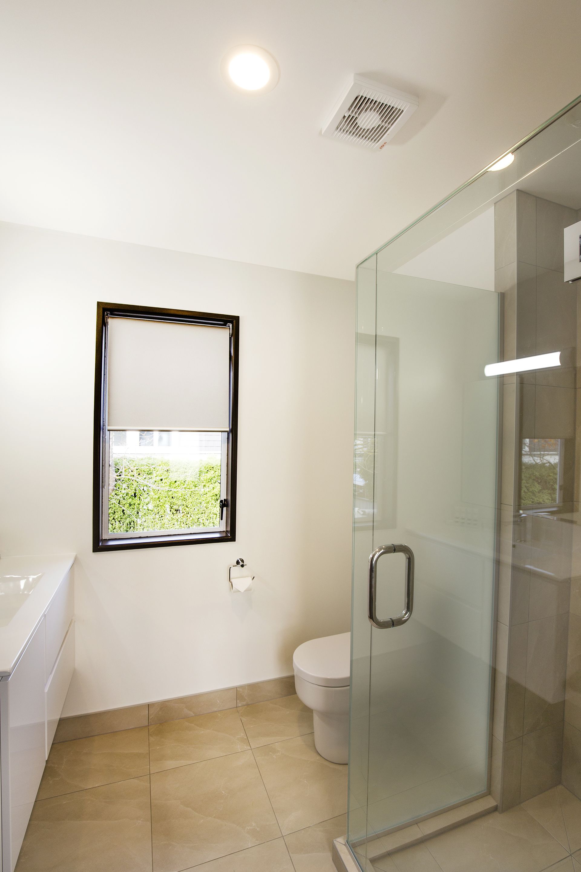 A modern bathroom with a glass shower enclosure, a toilet, and a window with a view of greenery.