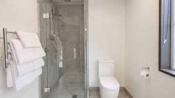 A modern bathroom with a glass-enclosed shower, a white toilet, and a towel rack with folded towels.