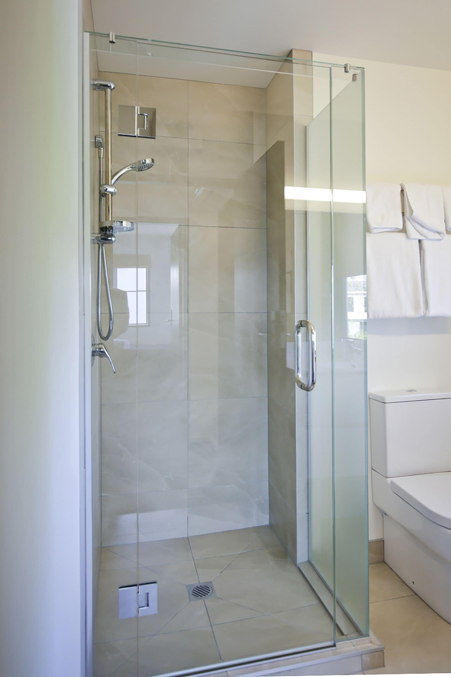 A modern bathroom with a glass-enclosed shower, a toilet, and a sink.
