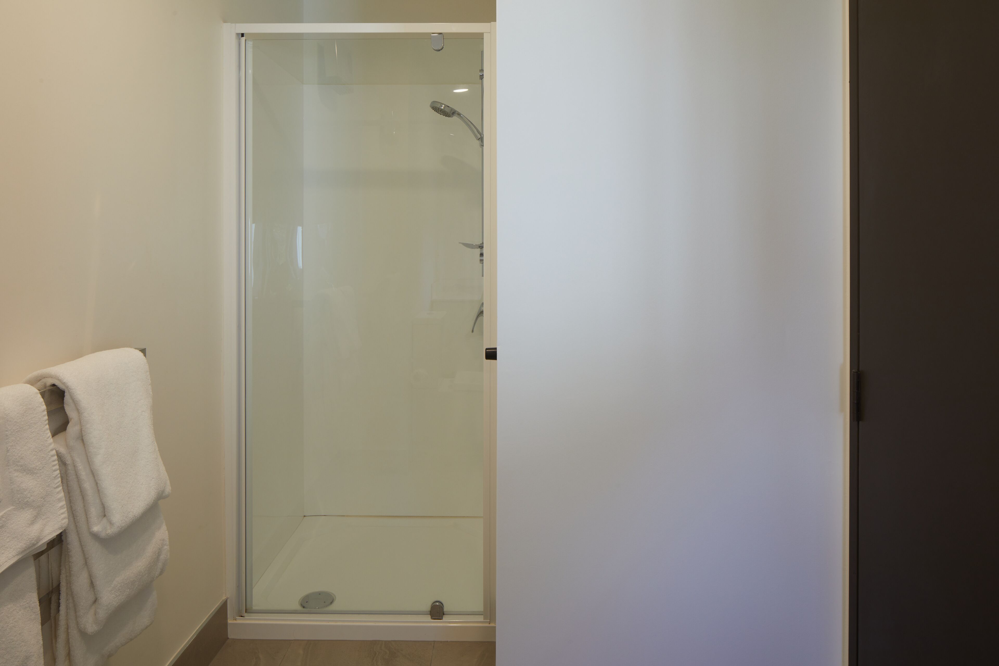 A glass-enclosed shower with a handheld showerhead, a white towel hanging on a rack, and a door leading to another room.