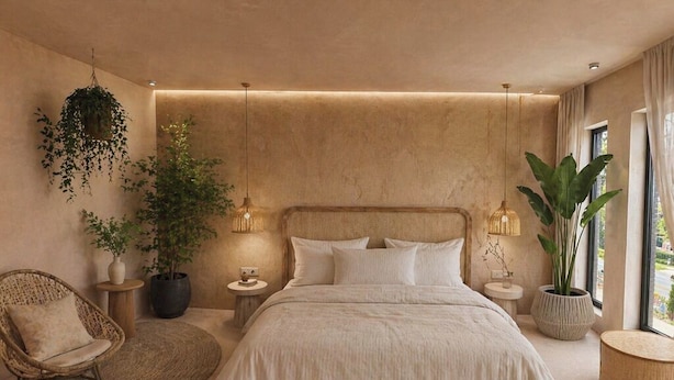 A bedroom with a large bed, bedside tables, a hanging plant, and a window with curtains. - Van Der Valk Hotel Dennenhof (Brasschaat)