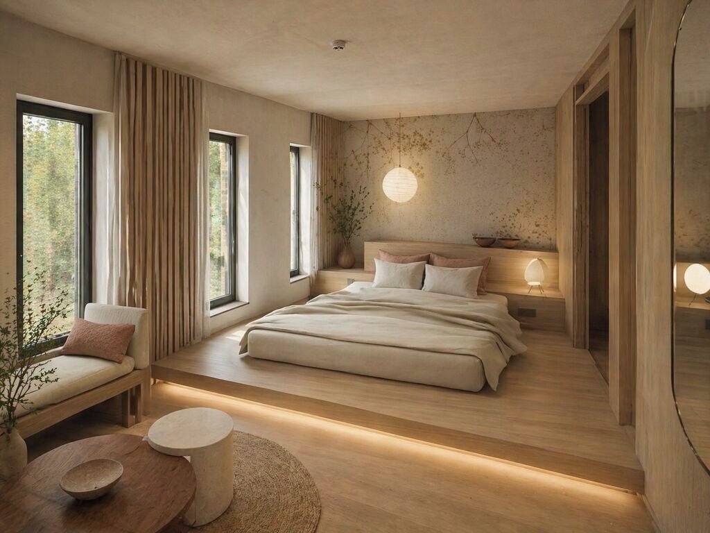 Ein modernes Schlafzimmer mit einem großen Bett, Nachttischen, einer Sitzecke und Blick ins Freie.