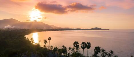 A coastal landscape with a sunset over the water, palm trees, and distant mountains.