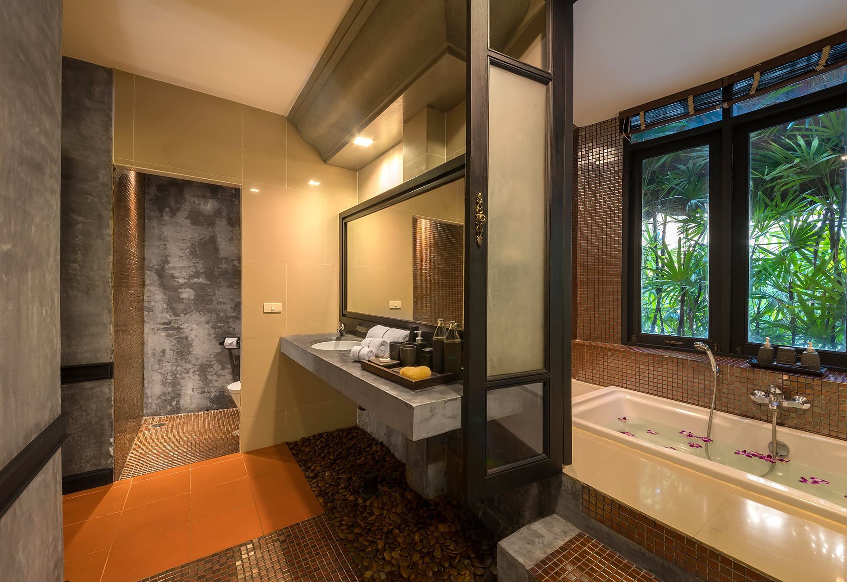 villa | bathroom | separate bathtub and shower, deep-soaking bathtub, rainfall showerhead