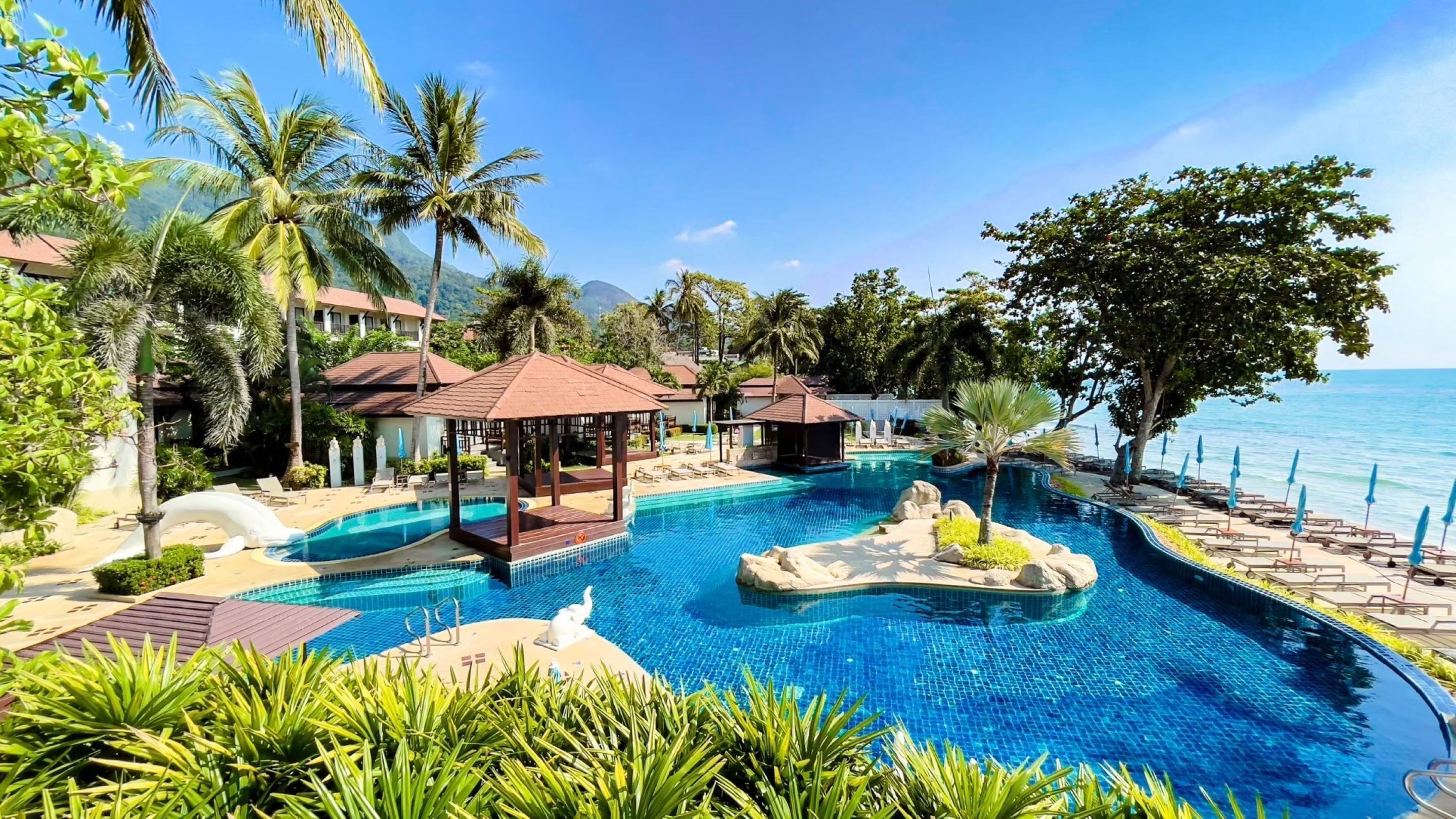 Frühstück, Mittagessen, Abendessen, Blick auf den Strand 