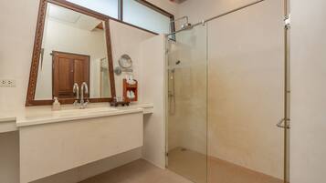 Une salle de bain dotée d’une douche à parois de verre, d’une porte en bois et d’un grand miroir au-dessus du lavabo.