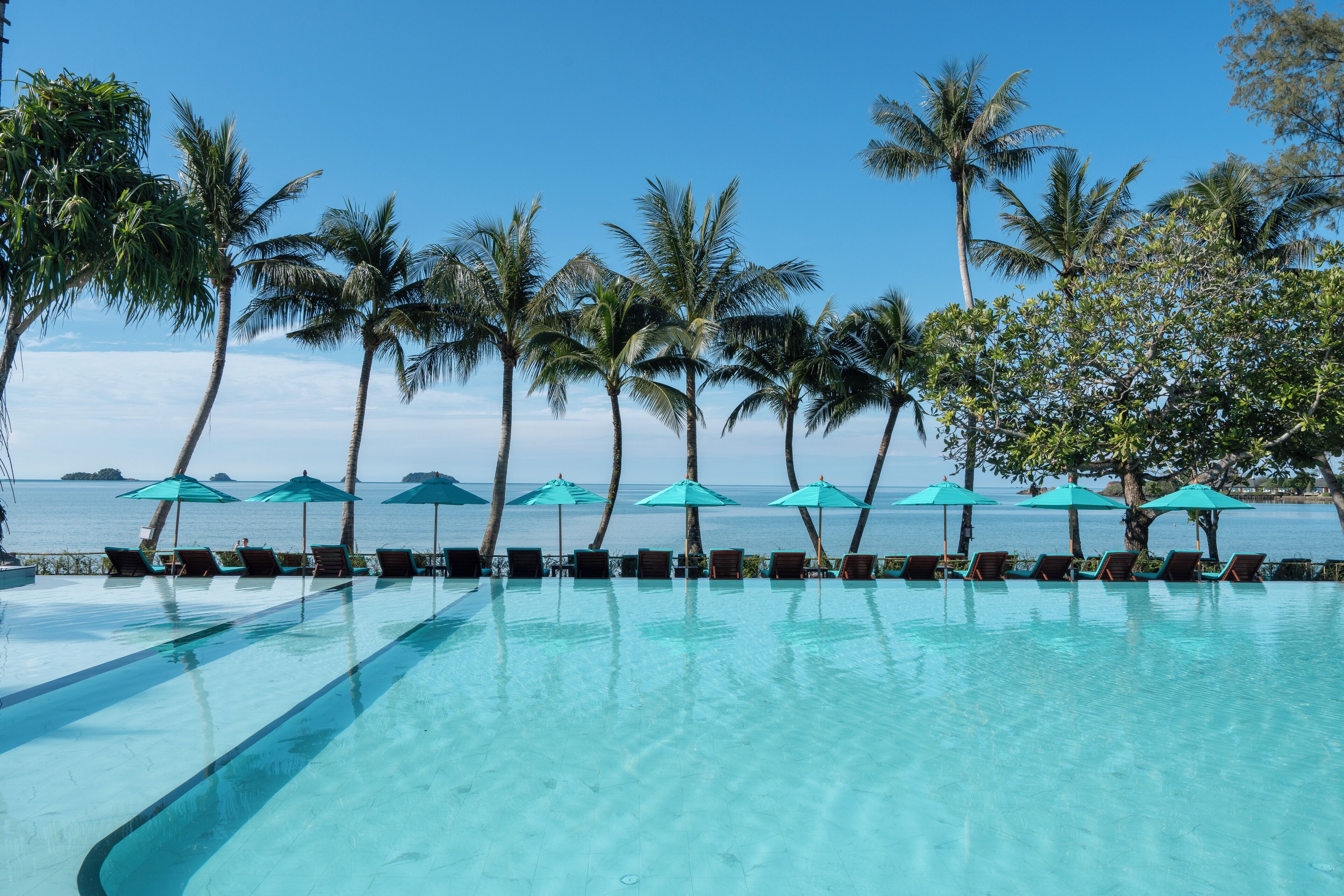 Outdoor pool, pool umbrellas, pool loungers