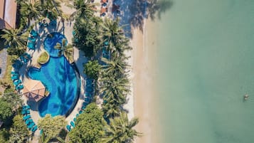 Outdoor pool, pool umbrellas, pool loungers