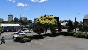 A parking lot with several cars, a large tree, and buildings in the background. - City Central Motel Apartments (Christchurch)